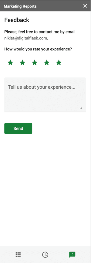 Screenshot of the marketing reports send a feedback form.