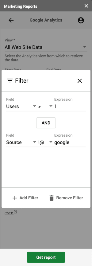 Screenshot of the marketing reports filtering form.