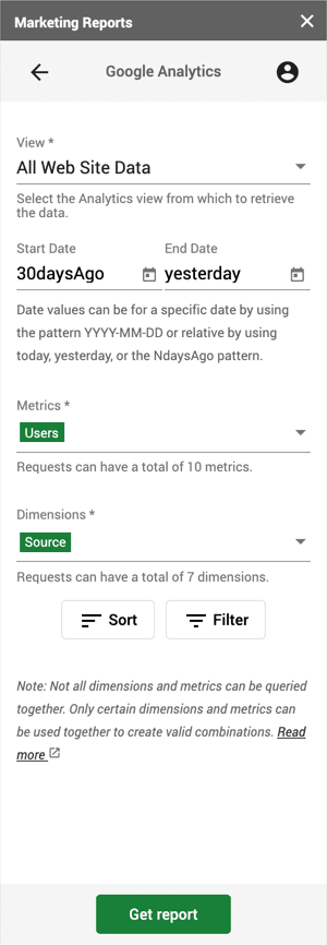Screenshot of the marketing reports get data form for Google Analytics.