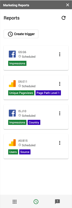 Screenshot of the marketing reports Google Sheets add-on
