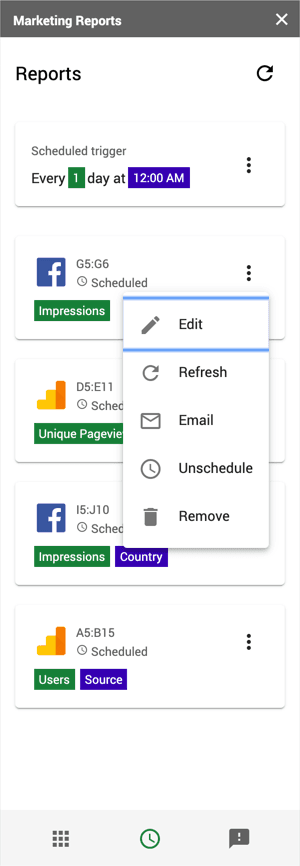 Screenshot of the marketing reports menu dropdown options.