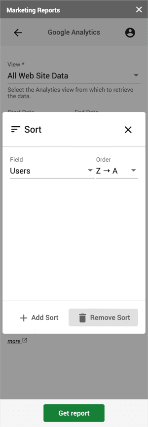 Screenshot of the marketing reports sorting data form.