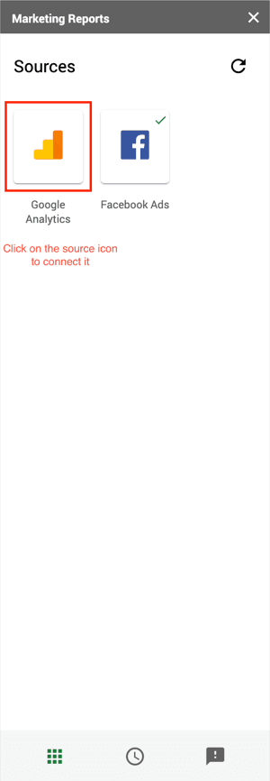 Screenshot of the marketing reports connect data sources.