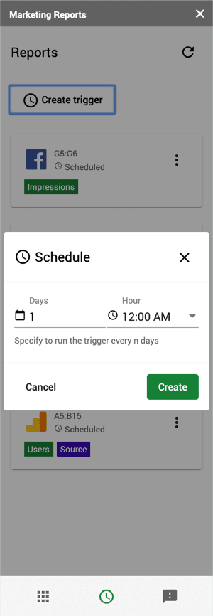 Screenshot of the marketing reports schedule a trigger form.