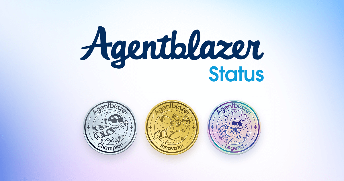 Salesforce's Agentblazer status image refencing three medals for Innovator, Champion, and Legend levels.