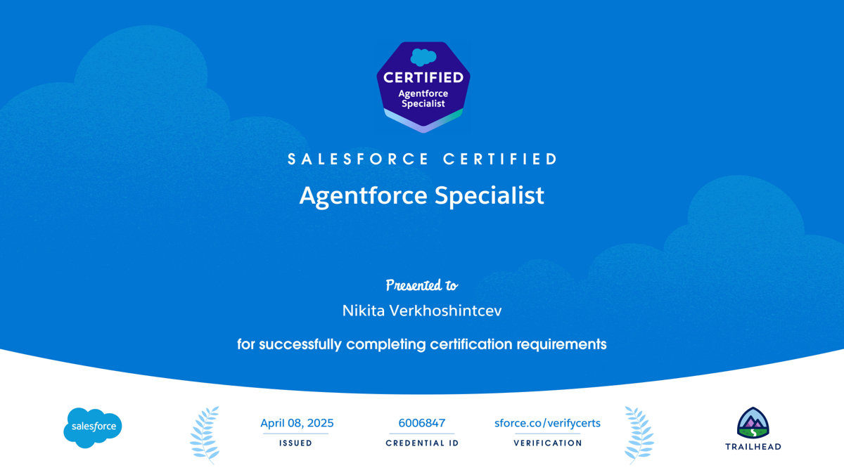 Agentforce Specialist certificate issues to Nikita Verkhoshintcev in April 2025.