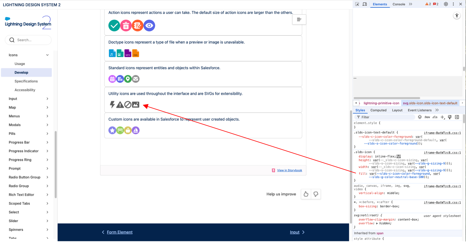 SLDS2 screenshot of lightning-icon styles and SVG fill property.