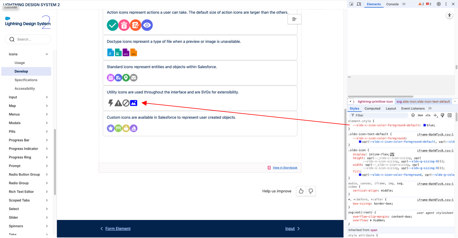 SLDS2 screenshot of lightning-icon styles and modified SVG fill property.