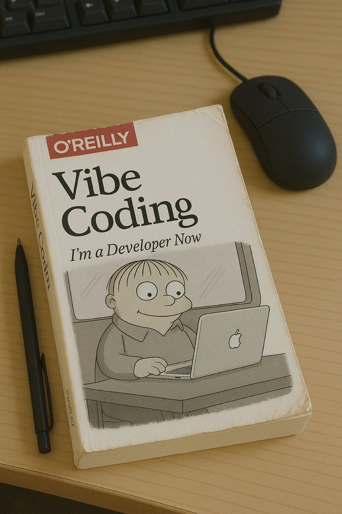 Vibe coding meme O'Reilly book cover referencing Simpson's character.